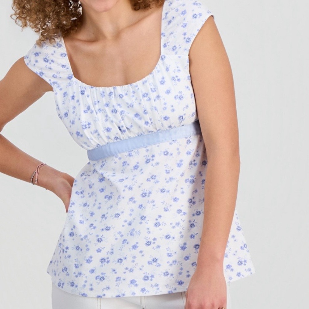 Sincerely Jules Blue Floral Ribbon Trim Cotton Cottagecore Summer Top sz L NWT